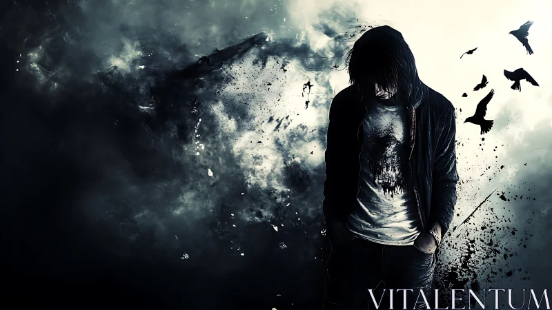 Solitary figure dissolves into storm of crows and ink clouds