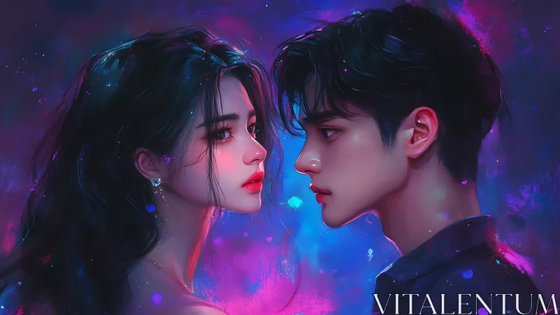 Neon-Lit Proximity: Two Figures in Luminescent Blue-Magenta Atmosphere