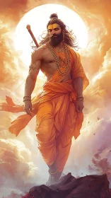 Digital painting of mythic ascetic warrior against radiant sun