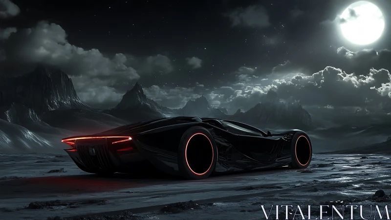 Cyberpunk supercar under lunar-lit wasteland sky panorama.