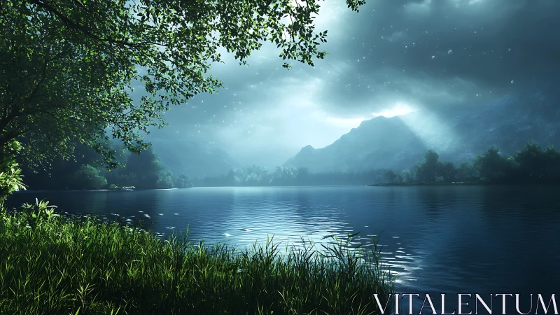 Sunlit mountain lake shimmers beneath dramatic storm clouds.