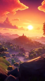 Glowing fantasy valley welcomes sunset over distant castle
