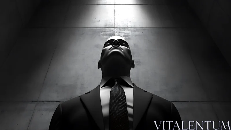 Silent concrete chamber with a towering suited figure.