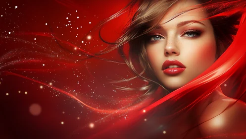 Chromatic portrait in red spectral flow with digital bokeh field.