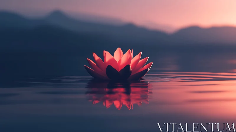 Lotus flower floating on calm lake at soft dusk light.
