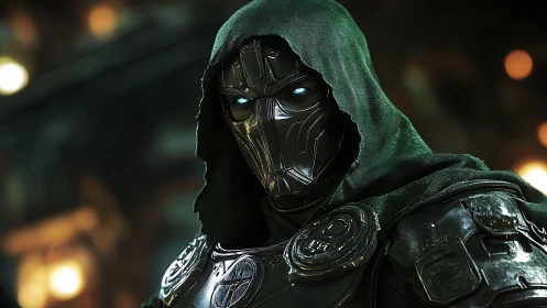 Hooded cyber knight with glowing eyes in molten shadows.