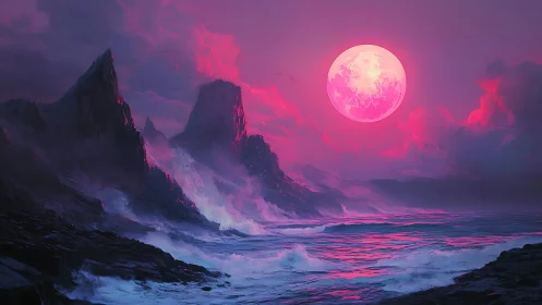 Neon moonrise over storm-steep cliffs and electric tides.