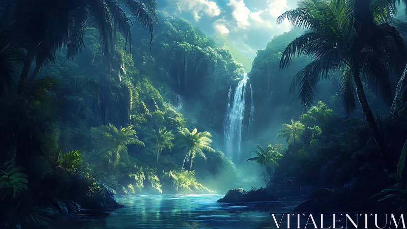 Tropical Waterfall in Jungle Canyon with Limestone Cliffs.