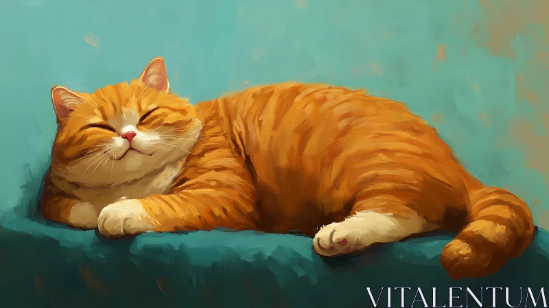 Ginger Cat Resting on Turquoise Surface