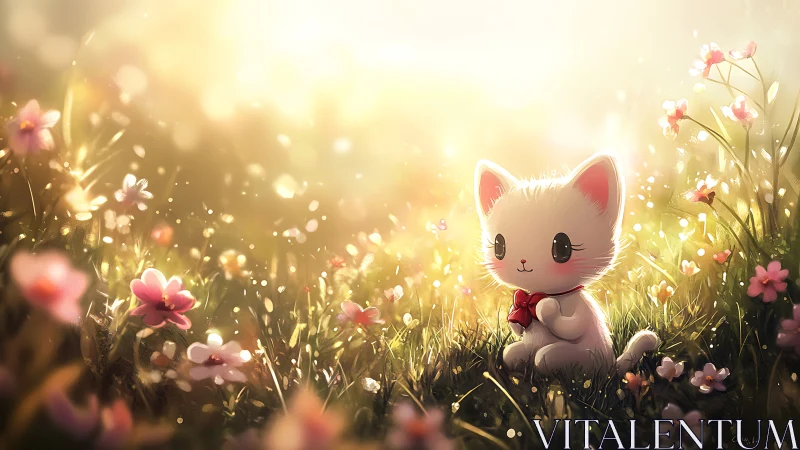 Luminous Feline in Floral Meadow: Digital 3D Illustration.