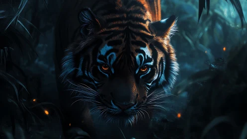 Nocturnal tiger advances through bioluminescent jungle haze