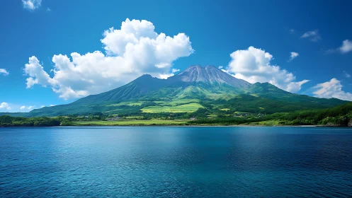 Volcanic island landscape under cumulus cloud field and clear sky