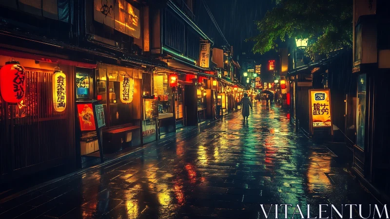 Nocturnal wet street with neon-lit Japanese shopfront reflections.