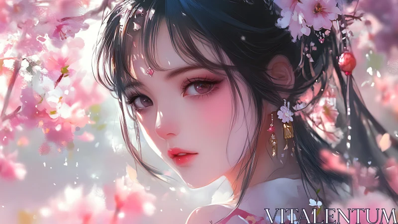 Sakura-dusted maiden gazes through a blush of spring dreams.