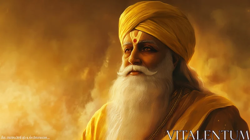 Elderly sage in saffron turban under radiant golden atmosphere.