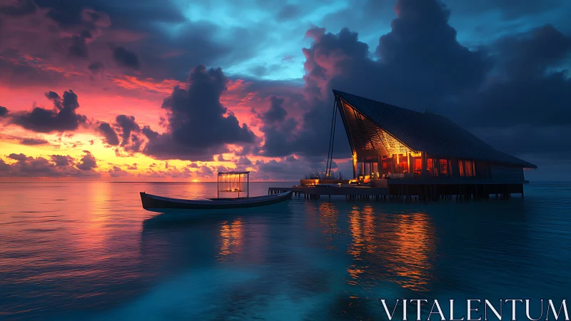 Overwater sunset villa with traditional boat and glowing interior