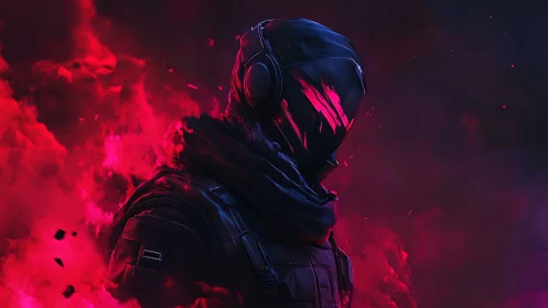 Red nebula rogue in cracked-visor armor waits in silence.