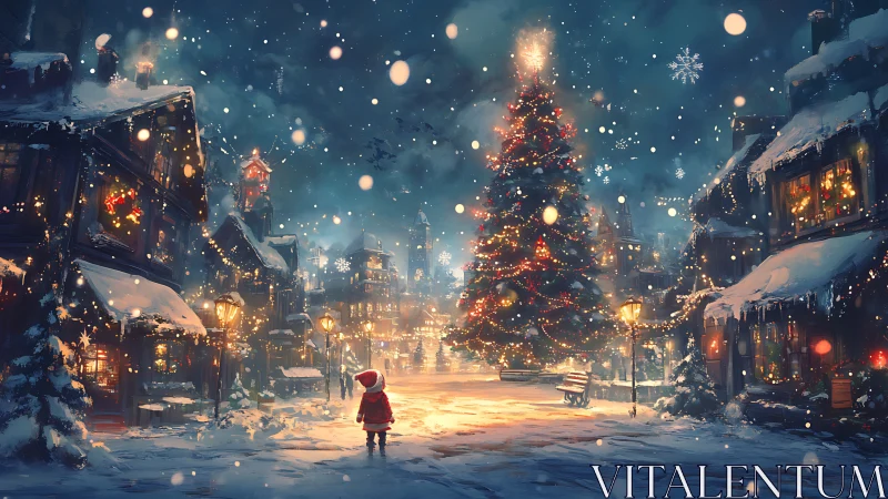 Snowy village square glows around a child’s Christmas wonder