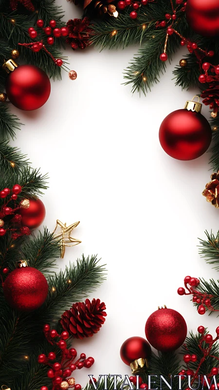 Red Christmas ornaments frame festive white background.