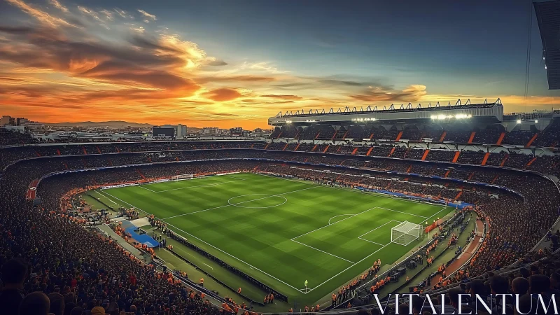 Floodlit football stadium at sunset with packed tiered stands