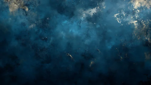 Deep blue abstract cloud field with golden light flecks.