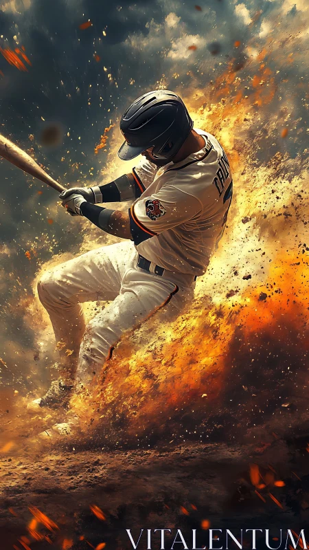 Baseball player swings bat amid explosive fiery dust storm.