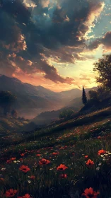 Sunlit alpine meadow descends toward misted valley basin