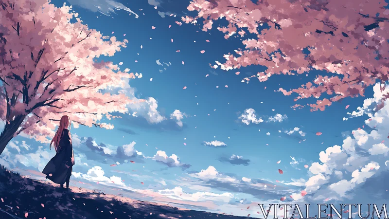 Petals drift upward while a quiet dreamer studies the sky