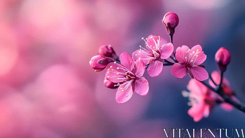 Macro Photography of Pink Cherry Blossoms with Selective Focus and Gradient Blue-Pink Bokeh Backgrou