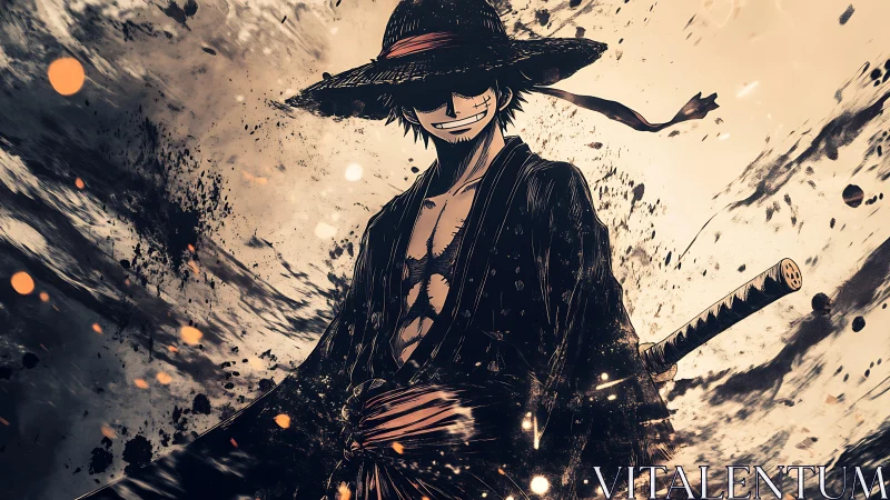 Straw-hatted swordsman amid swirling ink and embers.