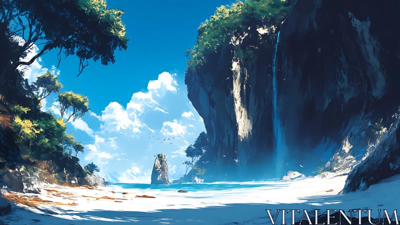 Towering limestone cliffs frame pristine tropical beach cove beneath crystalline sky.