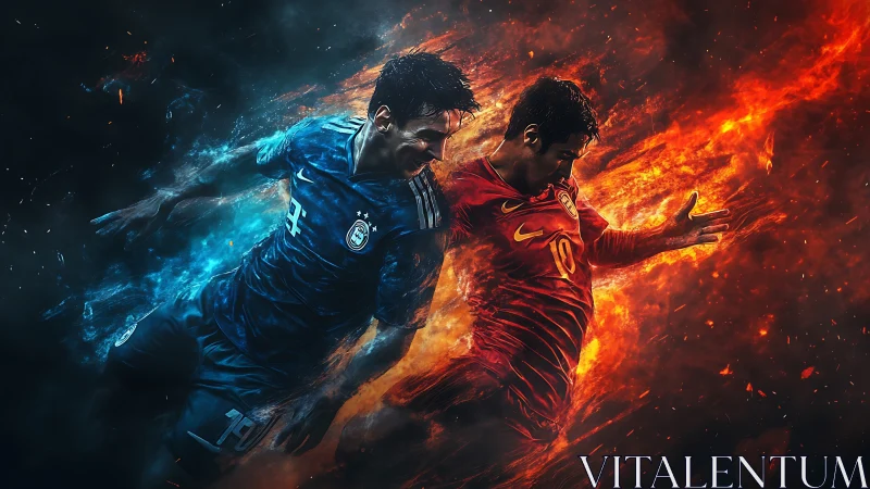 Fiery versus icy footballers collide in dynamic showdown.