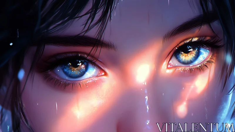 Close-up digital rendering of illuminated human blue eyes.