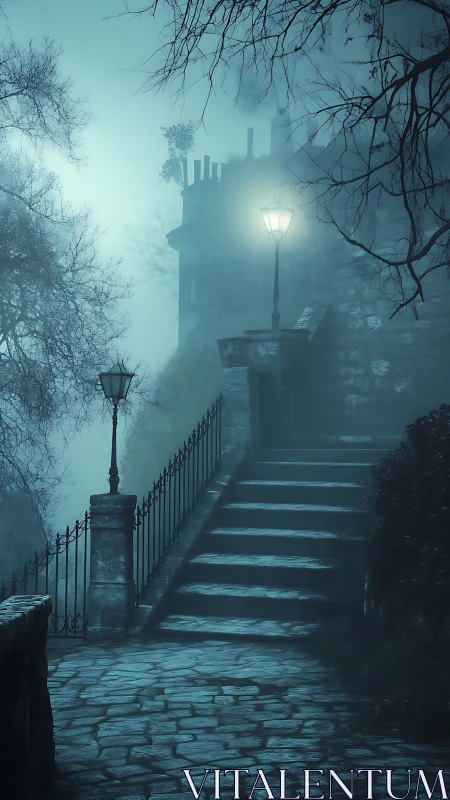 Foggy stone stairway climbs toward a lonely haunted manor