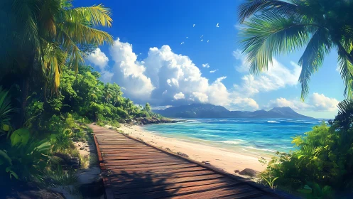 Tropical Beach Boardwalk with Mountain View