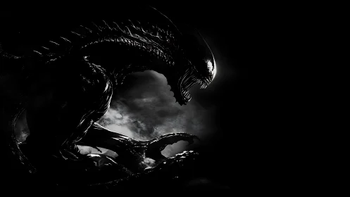 Xenomorphic biomechanoid silhouette in high contrast chiaroscuro
