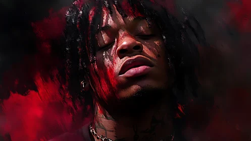 Digital portrait of male figure with red and black overlay.