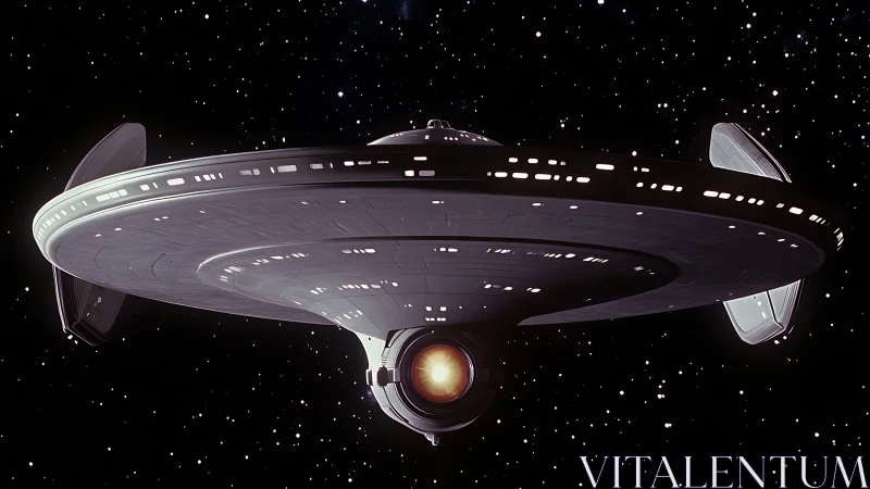 Futuristic circular starship traveling through deep space.