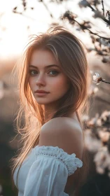 Young woman stands outdoors in soft backlit environment