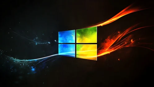 Windows-inspired quad panel logo with dynamic light trails.