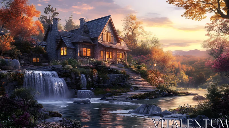 Stone cottage above river waterfall at golden sunset.