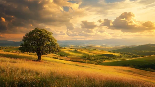 Lone deciduous tree under stratified sunset cloud dynamics.