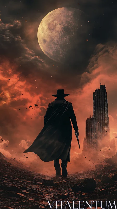 Lone armed figure walks toward ruined tower under large moon
