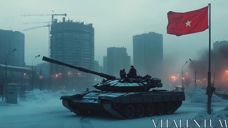 Main battle tank in foggy winter cityscape under red star flag