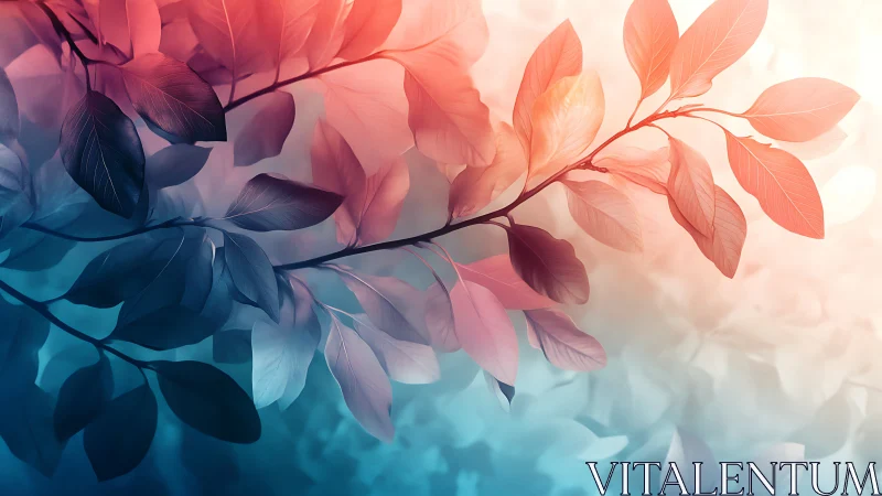Artistic branch with blue and pink leaves in dreamy soft focus.