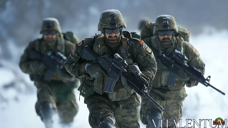 Combat Squad Charging Through Snow in Tactical Formation.