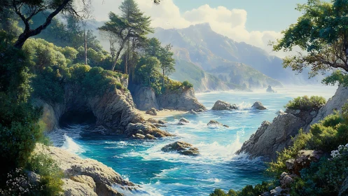 Sunlit rocky cove with turquoise surf and distant hazy peaks