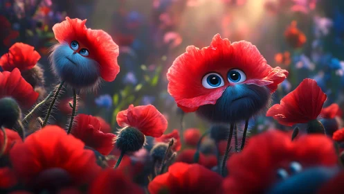 Fluffy poppy creatures gaze up in a glowing dream meadow.