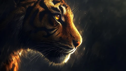 Tiger profile in low light with rain and warm highlights.