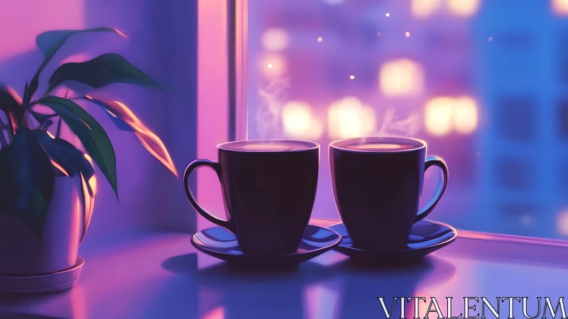 Two steaming cups on windowsill in purple evening light